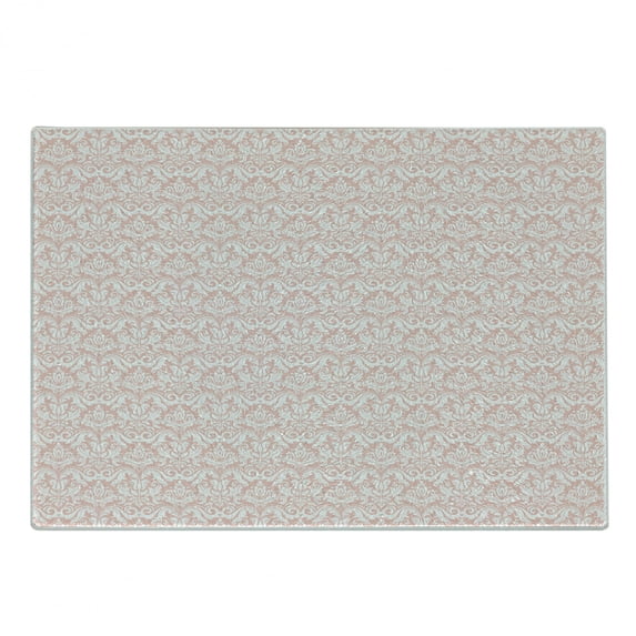 Damask Cutting Board, Detailed Intricate Botanical Ornaments in Monochrome Tones Rhythmic Pattern, Decorative Tempered Glass Cutting and Serving Board, in 3 Sizes, by Ambesonne
