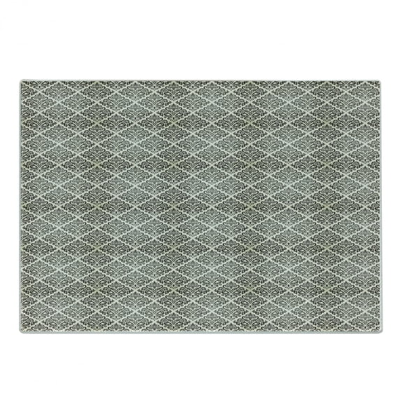 Damask Cutting Board, Damask Tile Illustration in Vintage Style Floral Swirls Abstract Design, Decorative Tempered Glass Cutting and Serving Board, Small Size, Off White and Black, by Ambesonne