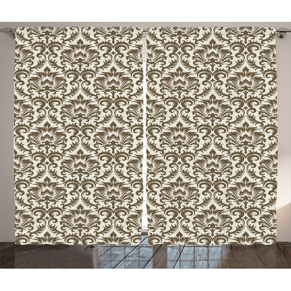 Ambesonne Damask Curtains 2 Panel Set, Antique Victorian Floral, 108" x 84", Army Green Cream