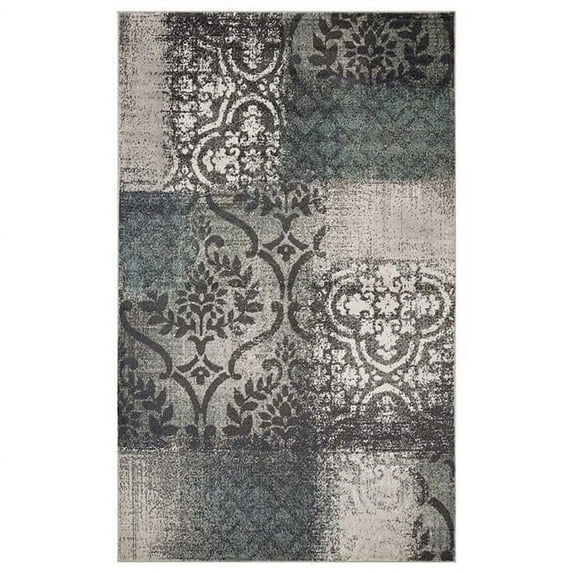 Damask Distressed Stain Resistant Rectangle Area Rug - Teal & Gray - 8 x 10 ft.