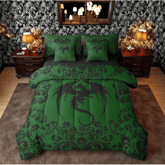 Damask Dragon 7 Piece Bed In A Bag With Sheets Full Boho Black Dark Green Gothic Animal Bedding Set Bohemian Exotic Floral Dragon Comforter Set Adults Retro Baroque Flower Goth Bed Set