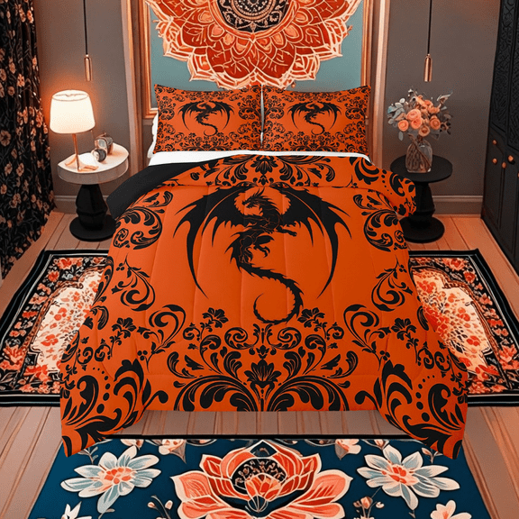 Damask Dragon Bed Comforter Set Queen Boho Black Orange Gothic Animal Bedding Set Bohemian Exotic Floral Dragon Comforter Set For Adults Retro Victorian Baroque Flower Goth Quilt Set