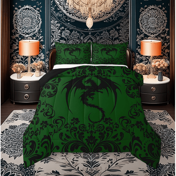Damask Dragon Comforter Full Boho Black Dark Green Gothic Animal Bedding Set Bohemian Exotic Floral Dragon Comforter Set Adults Retro Victorian Baroque Flower Goth Bed Set