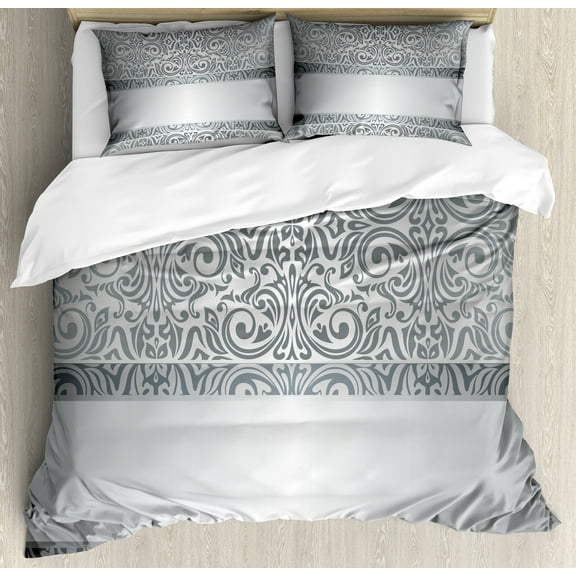 Damask Duvet Cover Set, Baroque Damask Curves Rococo Style Motifs Floral Renaissance Revival Design, Decorative 3 Piece Bedding Set with 2 Pillow Shams, King Size, Grey Pale Grey, by Ambesonne