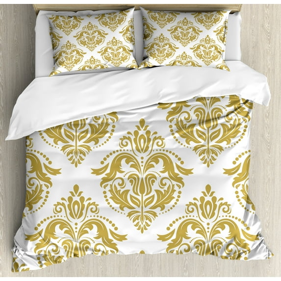 Damask Duvet Cover Set, Baroque Victorian Design with Floral Swirls Dots for Classical Lovers, Decorative 3 Piece Bedding Set with 2 Pillow Shams, Calking Size, Yellow and White, by Ambesonne
