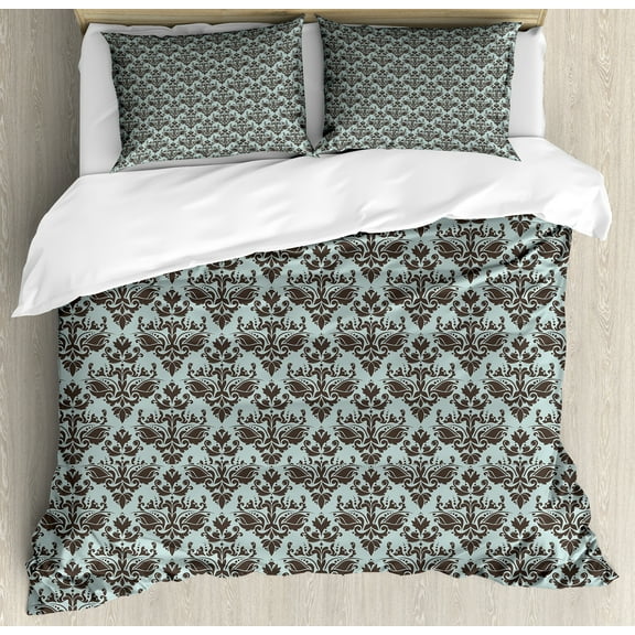 Damask Duvet Cover Set, Damask Shapes Motif Western Modular Leaves and Rayon Curving Lines Creative Floral, Decorative 3 Piece Bedding Set with 2 Pillow Shams, Calking Size, Teal Brown, by Ambesonne