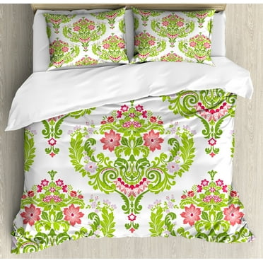 Damask Duvet Cover Set, Floral Arrangement Damask Green Foliage Design Print, Decorative 3 Piece Bedding Set with 2 Pillow Shams, Queen Size, Green Coral Pale Mauve, by Ambesonne
