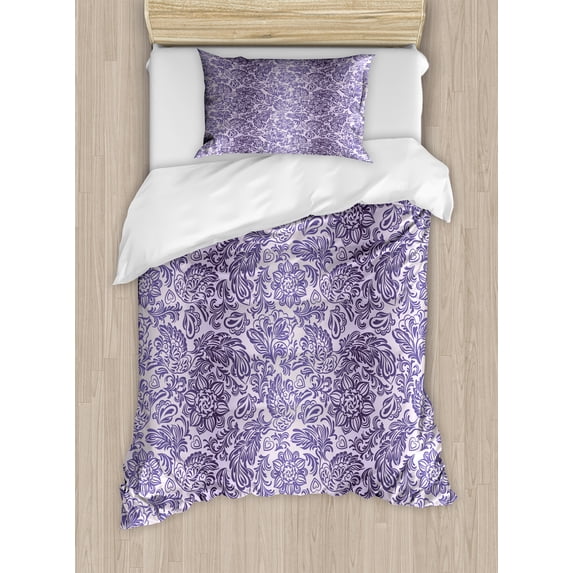 Damask Duvet Cover Set, Monochromatic Traditional Ornamental Renaissance Style Flower Bird Motifs, Decorative 2 Piece Bedding Set with 1 Pillow Shams, Twin Size, Lilac and Blue Violet, by Ambesonne