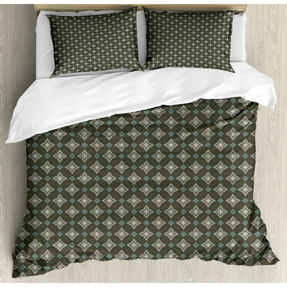 Damask Duvet Cover Set, Old Fashion Victorian Rococo Motif of Oriental Boho Floral Effects, Decorative 3 Piece Bedding Set with 2 Pillow Shams, King Size, Army Green and White, by Ambesonne