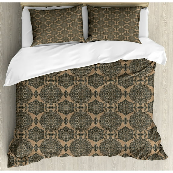Damask Duvet Cover Set Queen Size, Oriental Floral Mosaic Flower Curved Leaf Swirls Folk Victorian Art Print, Decorative 3 Piece Bedding Set with 2 Pillow Shams, Tan and Night Blue, by Ambesonne