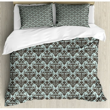 Damask Duvet Cover Set, Damask Shapes Motif Western Modular Leaves and Rayon Curving Lines Creative Floral, Decorative 3 Piece Bedding Set with 2 Pillow Shams, Calking Size, Teal Brown, by Ambesonne