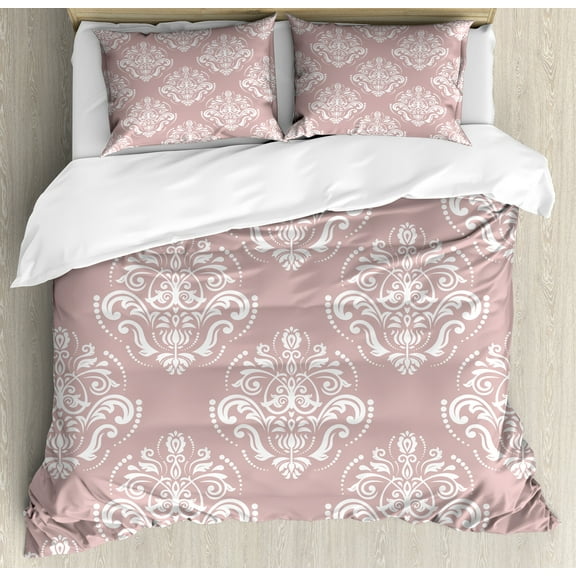 Damask Duvet Cover Set, Theme Royal Oriental Motifs in Monochrome Design with Floral Patterns, Decorative 3 Piece Bedding Set with 2 Pillow Shams, Queen Size, Pale Salmon White, by Ambesonne