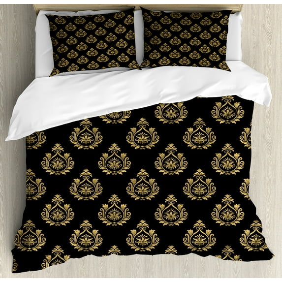 Damask Duvet Cover Set, Victorian Baroque Scrolling Flowers Swirly Vintage Renaissance Rococo Pattern, Decorative 3 Piece Bedding Set with 2 Pillow Shams, Queen Size, Camel and Black, by Ambesonne