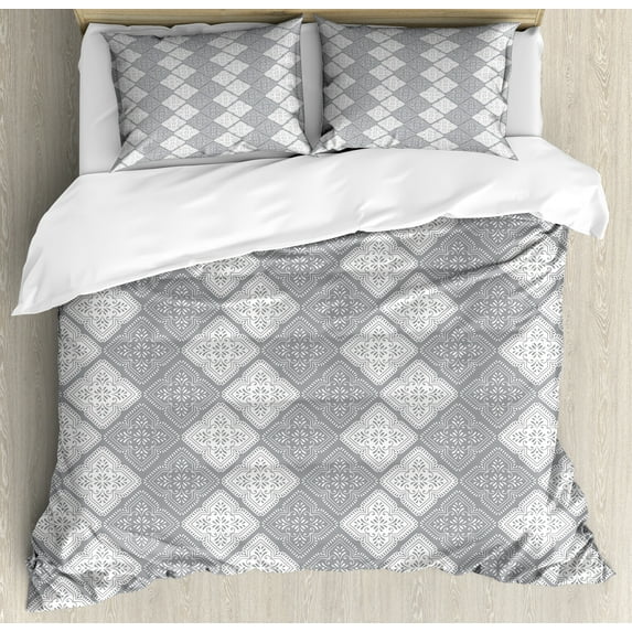 Damask Duvet Cover Set, Victorian Style Ornamental Oriental Retro Mosaic Art Tiles Abstract Image, Decorative 3 Piece Bedding Set with 2 Pillow Shams, Calking Size, Dimgray, by Ambesonne