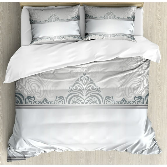 Damask Duvet Cover Set, Vintage Rich Royal Flower Motifs Forms Heart Shapes Bridal Damask Design, Decorative 3 Piece Bedding Set with 2 Pillow Shams, Queen Size, Grey Bluegrey White, by Ambesonne