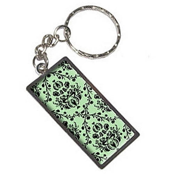 Damask Elegant Mint Green Black Keychain Key Chain Ring
