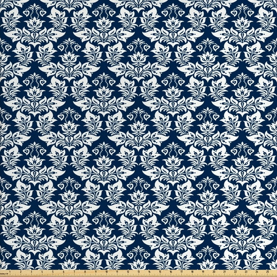 Ambesonne Damask Fabric by the Yard Upholstery, Antique Baroque Curves, 5 Yards, Dark Petrol Blue White