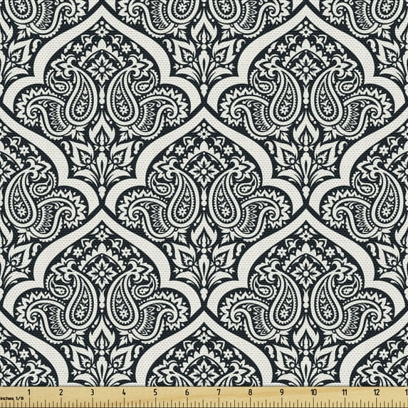 Ambesonne Damask Fabric by the Yard Upholstery, Bohemian Style Retro Paisley, 10 Yards, Black White