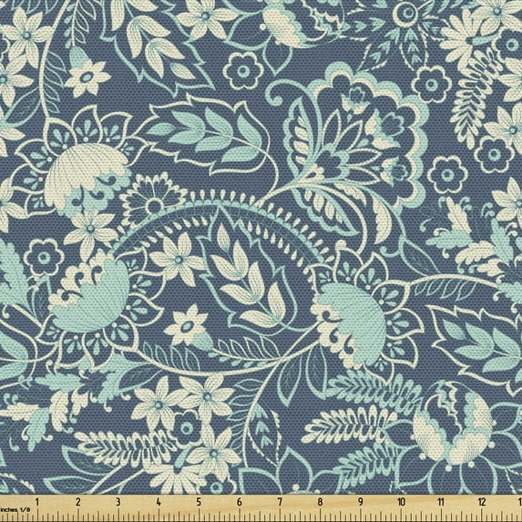 Ambesonne Damask Fabric by the Yard Upholstery, Bluish Vintage Floral Motifs, 2 Yards, Multicolor