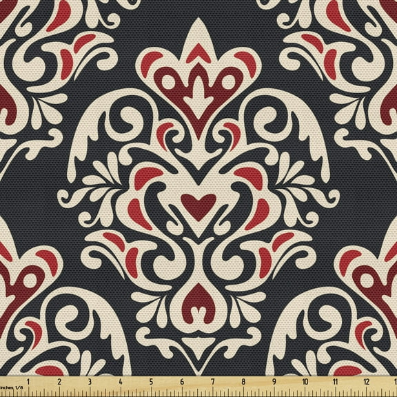 Ambesonne Damask Fabric by the Yard Upholstery, Classical Venetian Motif, 2 Yards, Black Cream Red