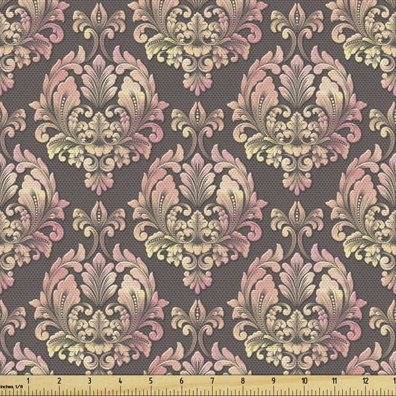 Damask Fabric by the Yard, Continuous Baroque Floral Ornaments Gradient Romantic Tones Illustration, Upholstery Fabric for Dining Chairs Home Decor Accents, Grey Pale Rose Peach by Ambesonne