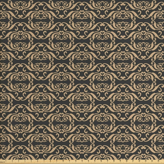 Ambesonne Damask Fabric by the Yard Upholstery, Victorian Rococo Style Motif, 10 Yards, Dark Grey and Tan