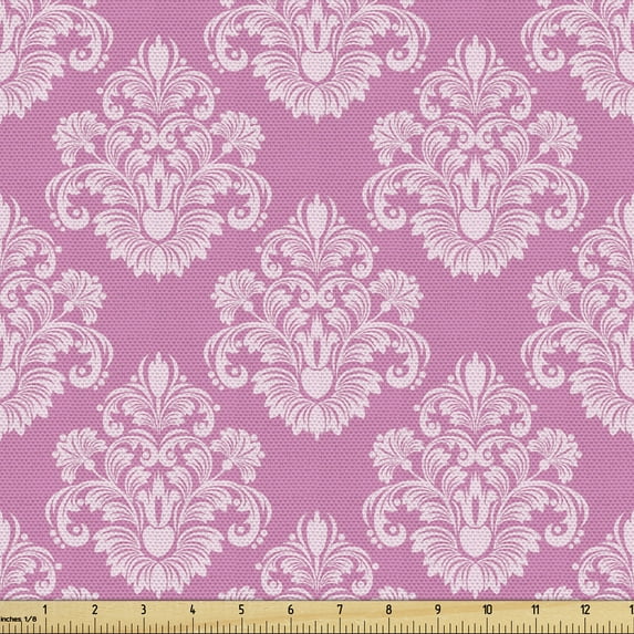 Ambesonne Damask Fabric by the Yard Upholstery, Middle Eastern Blossom, 1 Yard, Pink White
