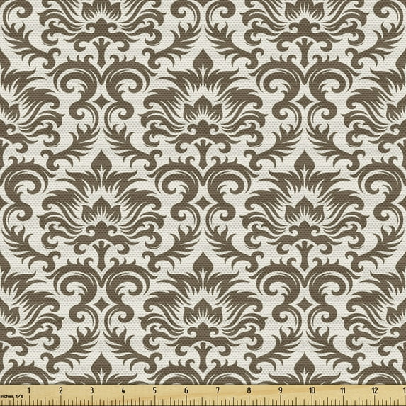 Ambesonne Damask Fabric by the Yard Upholstery, Antique Victorian Floral, 1 Yard, Army Green Cream