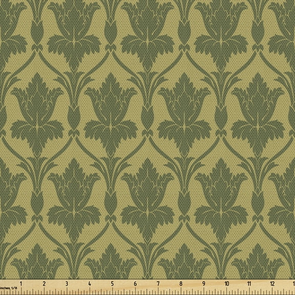 Ambesonne Damask Fabric by the Yard Upholstery, Victorian Flowers Pattern, 1 Yard, Olive Green and Khaki