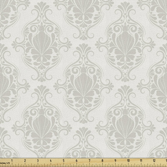 Damask Fabric by the Yard, Floral Victorian Motif and Rococo Baroque Renaissance Effects Print, Decorative Upholstery Fabric for Chairs & Home Accents, Pearl and Coconut by Ambesonne