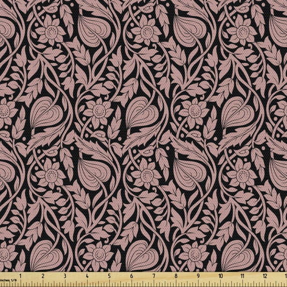 Ambesonne Damask Fabric by the Yard Upholstery, Flower Vintage Ornament Art, 5 Yards, Pale Rose Charcoal Grey