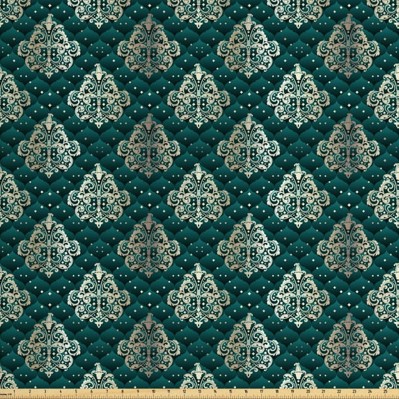 Damask Fabric by the Yard, French Pattern Inspired by Rococo Era Designs Intricate Renaissance Motifs, Upholstery Fabric for Dining Chairs Home Decor Accents, Dark Teal Eggshell by Ambesonne