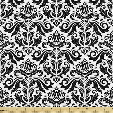 Ambesonne Damask Fabric by the Yard Upholstery, Design Elements, 2 Yards, Black White