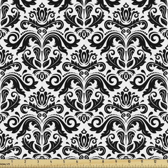 Ambesonne Damask Fabric by the Yard Upholstery, Design Elements, 2 Yards, Black White