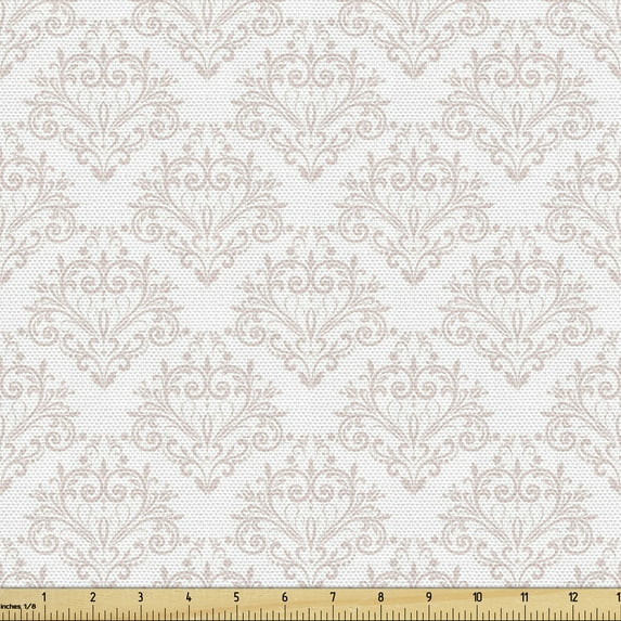 Ambesonne Damask Fabric by the Yard Upholstery, Simplistic Royal, 10 Yards, Pale Eggshell and White