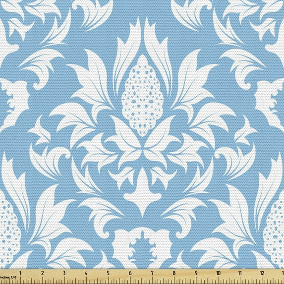 Ambesonne Damask Fabric by the Yard Upholstery, Blue White Old Garden Print, 1 Yard, Sky Blue White