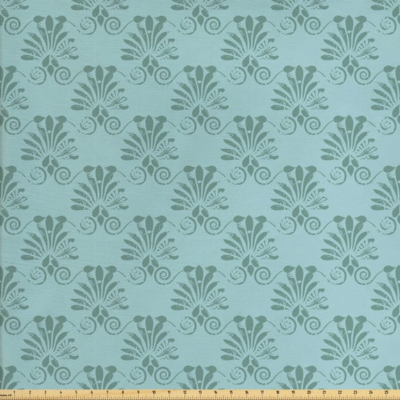 Damask Fabric by the Yard, Nostalgic Pastel Ornamental Pattern with Leafy Details Swirls, Decorative Upholstery Fabric for Sofas and Home Accents, Cadet Blue Teal by Ambesonne