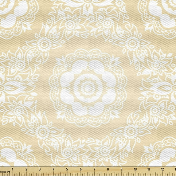 Damask Fabric by the Yard, Ornamental Lacy Style Mandala Motif in Shabby Classic Floral Oriental, Decorative Upholstery Fabric for Chairs & Home Accents, Pale Peach White by Ambesonne