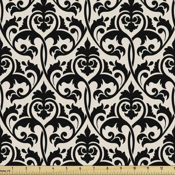 Damask Fabric by the Yard, Rhythmic Curly Ivy Look Botany Classical Style Antique Ornaments Print, Upholstery Fabric for Dining Chairs Home Decor Accents, Champagne Charcoal Grey by Ambesonne