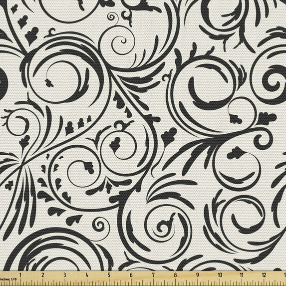 Damask Fabric by the Yard, Swirly Flower Branches Curving Scrolling Vintage Rococo Style Shabby Motif, Decorative Upholstery Fabric for Sofas and Home Accents, Eggshell Dark Taupe by Ambesonne