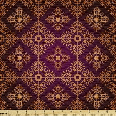 Damask Fabric by the Yard Upholstery, Abstract Floral Pattern with Medieval Design Ornamental Victorian Image, Decorative Fabric for DIY and Home Accents, 2 Yards, Orange Magenta Black by Ambesonne