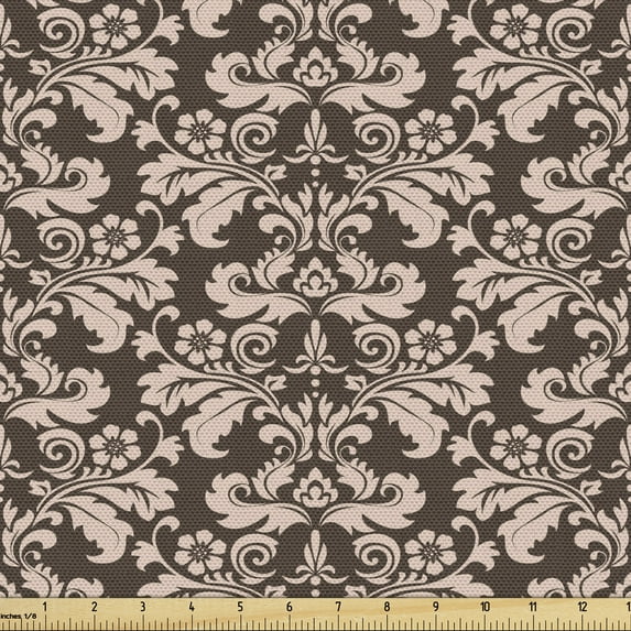 Ambesonne Damask Fabric by the Yard Upholstery, Baroque Style Rococo Pattern, 10 Yards, Pale Rose and Brown