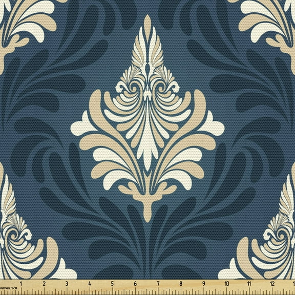 Damask Fabric by the Yard Upholstery, Classic Victorian Floral Motif Vintage Repetition, Decorative Fabric for DIY and Home Accents, 5 Yards, Petrol Blue Ivory by Ambesonne