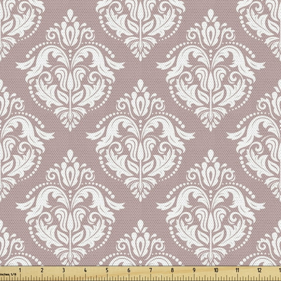 Ambesonne Damask Fabric by the Yard Upholstery, Art Deco Interior Design, 2 Yards, Dried Rose White