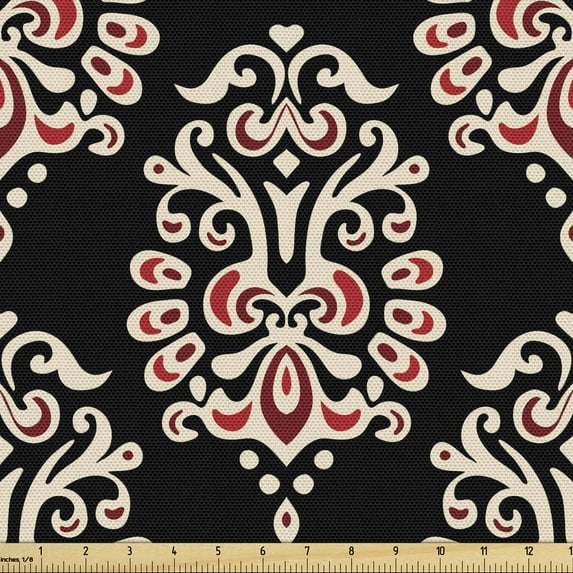 Damask Fabric by the Yard Upholstery, Traditional Old Fashioned Abstract Motifs Floral Medieval Fashion Victorian, Decorative Fabric for DIY and Home Accents, Black Cream Ruby by Ambesonne