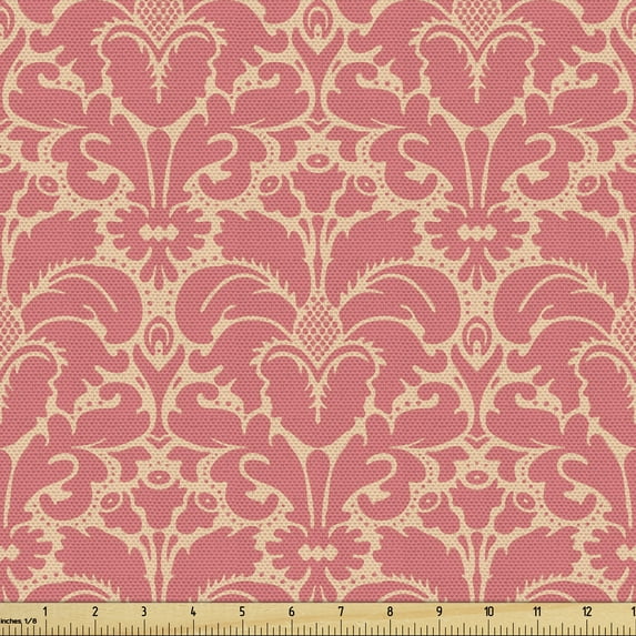 Ambesonne Damask Fabric by the Yard Upholstery, Monochrome Flowers Ornaments, 5 Yards, Peach and Coral