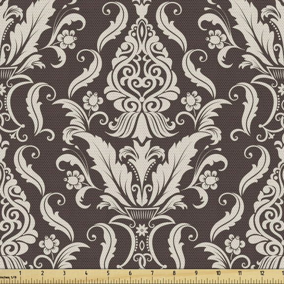 Ambesonne Damask Fabric by the Yard Upholstery, Wildflowers Leaves Curls, 3 Yards, Dark Brown Cream