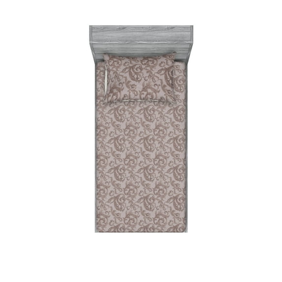 Damask Fitted Sheet & Pillow Sham Set, Earthy Colors of Swirly Floral Baroque Motifs Vintage Art Deco Curlicue, Decorative Printed 2 Piece Bedding Decor, Twinxl, Warm Taupe and Dusk, by Ambesonne