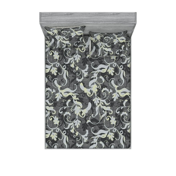 Damask Fitted Sheet & Pillow Sham Set, Floral Boho Silhouette Pattern on Grid Curlicue Vintage Themed Print, Decorative Printed 3 Piece Bedding Decor, King, Pale Ceil Blue Pale Grey, by Ambesonne