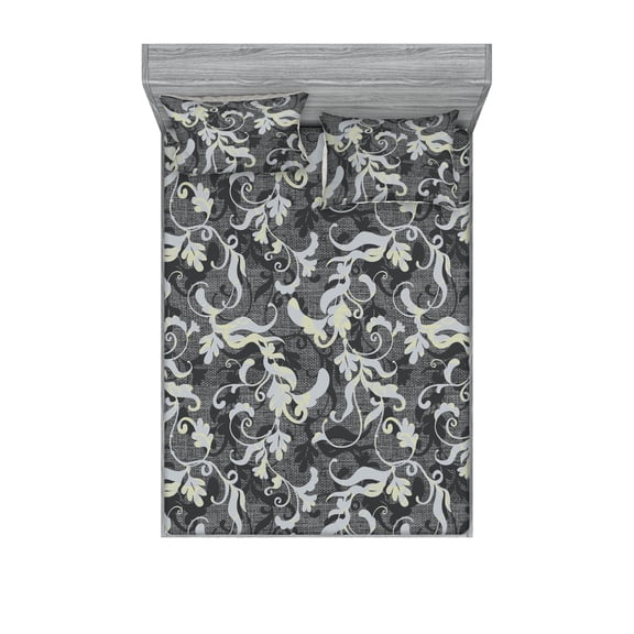 Damask Fitted Sheet & Pillow Sham Set, Floral Boho Silhouette Pattern on Grid Curlicue Vintage Themed Print, Decorative Printed 3 Piece Bedding Decor, Queen, Pale Ceil Blue Pale Grey, by Ambesonne